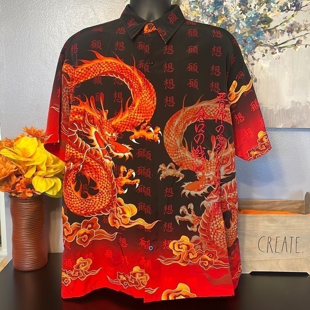 Taiga Dragon Short Sleeve Button Down Men Shirt Size L